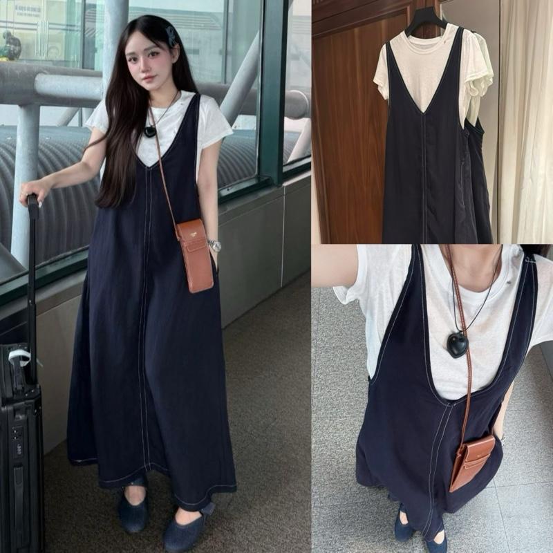 Hàng QCCC L1 Order 7- 10 Ngày Set Váy Yếm Bò Mềm Dáng Dài Có Túi Và Dây Tuỳ Chỉnh Kèm Áo Phông Trắng Basic Dễ Mặc Dễ Phối By DiepGz26254