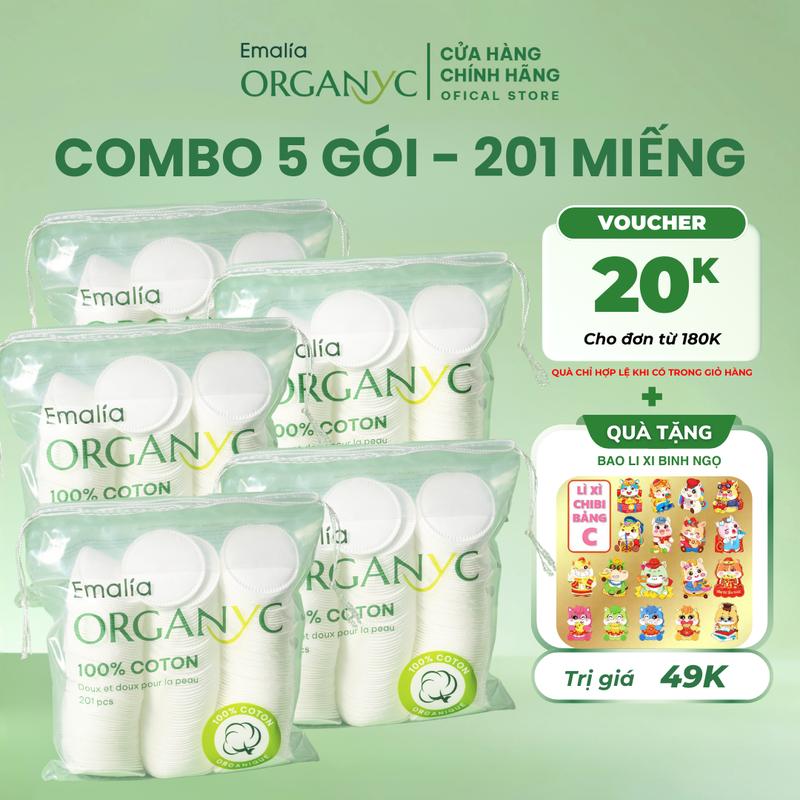 Combo 5 Bịch - 1005 Miếng Bông tẩy trang Emalia Organyc 1 Bịch 201 miếng cotton tự nhiên An toàn với mọi loại da CB5