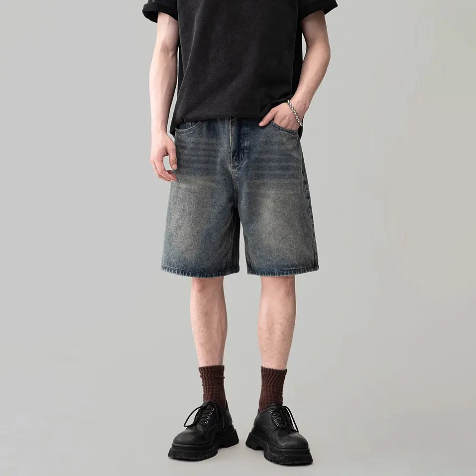 Jeans Premium Urban Style Celana Pendek Jeans Pria Korean Vintage 2025 Biru Melar Fit Tebal 2% Spandex Tali Elastis Washed Effect 5/5 Panjang Cut Lurus Santai Longgar Gaya Distro Unisex Fashion
