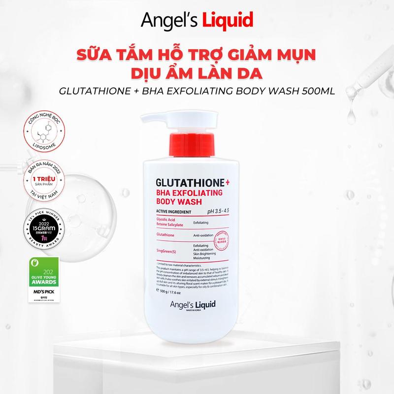 Sữa Tắm Hỗ Trợ Giảm Mụn Dịu Ẩm Làn Da Angel's Liquid Glutathione + BHA Exfoliating Body Wash 500ML