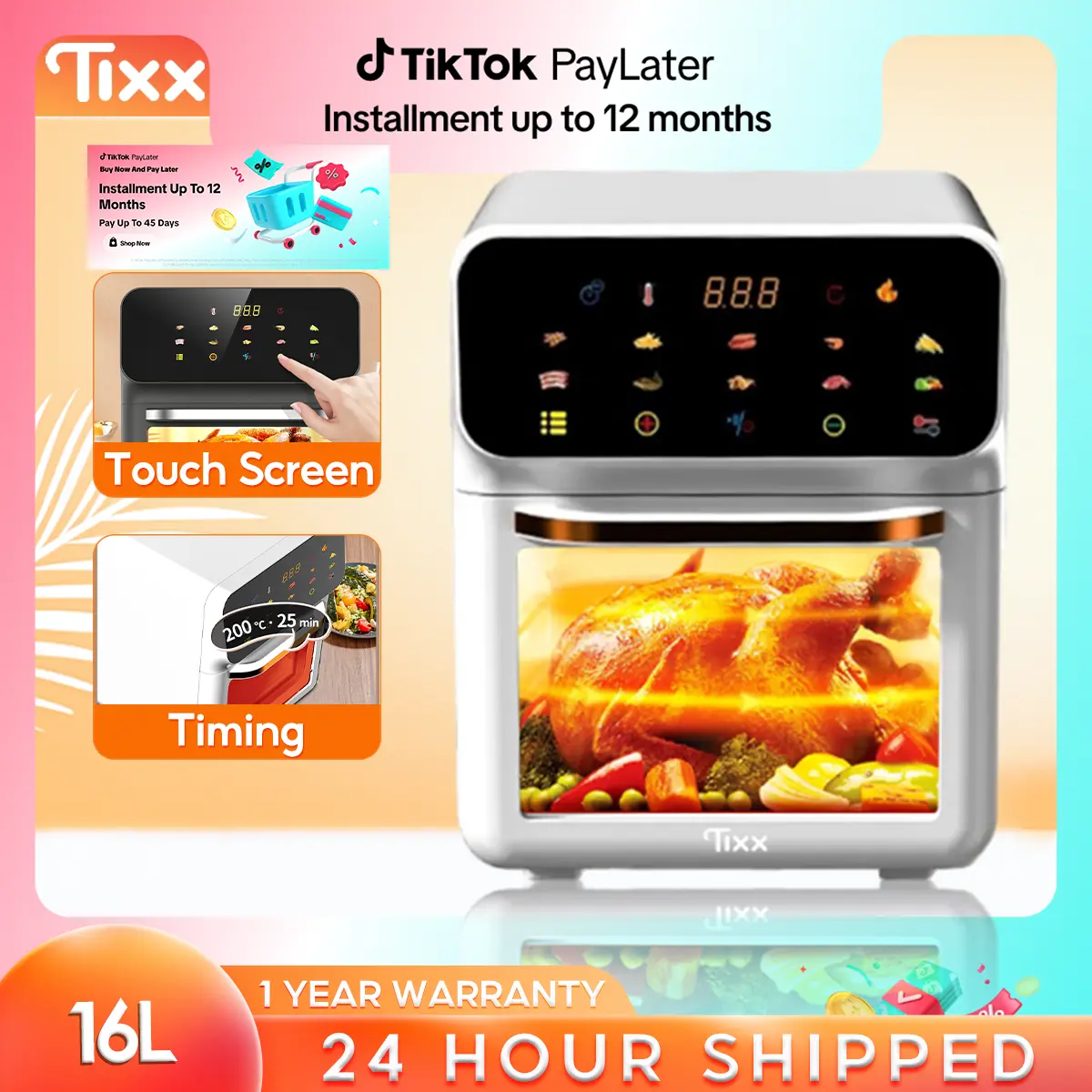 TIXX Air Fryer  Visual Glass Digital Touch Screen Smokeless Fully Automatic Non Stick Pan Kitchen Household Multi-functional Electric Fryer