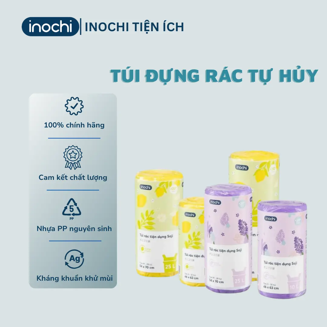 Túi đựng rác tự hủy INOCHI có quai tiện dụng hương chanh, hương lavender size 10L, 25L và 50L