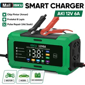 ISKU Charger Aki Mobil Motor 12V 6A Alat Cas Baterai Kering Basah AGM LiFePO4 Smart Casan Layar Digital Otomatis Auto Stop Pen