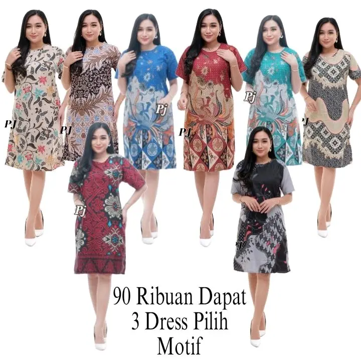 Dres Batik Paket Hemat 100rb Dapat 3pcs V-Neck Dress Pesta  Casual   Motif Hijau Baju Wanita Cantik Natal