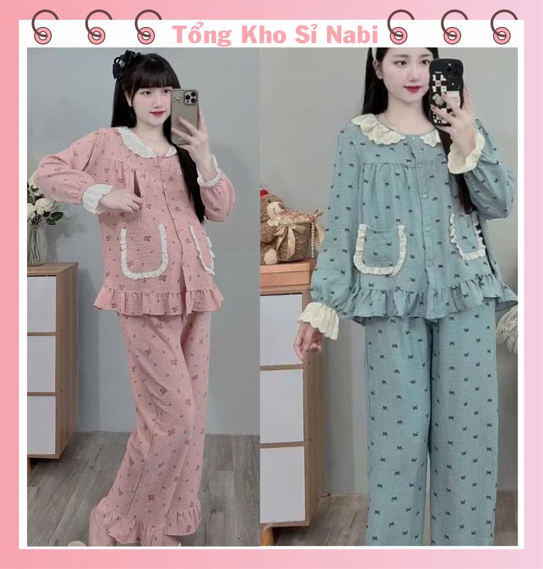 Combo 2 Bộ bầu - bộ Mặc Nhà sau sinh Đũi - Dài - cổ kiểu ren chất liệu Đũi Lụa Mềm mát
