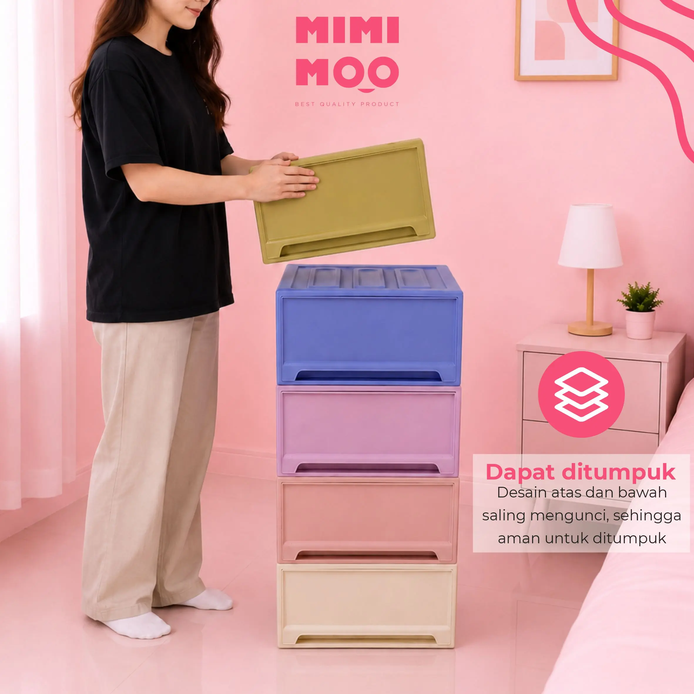 BUNDLE Laci Plastik Susun Multifungsi rna Pastel Organizer Baju Lipat Kotak Penyimpanan - 1 Besar - Cream