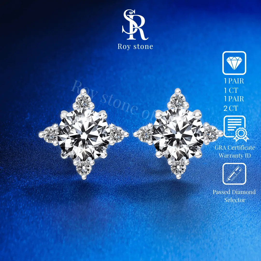 RoyStone - Anting Moissanite Original Wanita Sertifikat GRA Perhiasan Silver Asli Lapis Emas Putih 18K Anti Karat Desain Simpel Elegan Wedding Engagement Earring Birthday Gift_ Springkle Earring