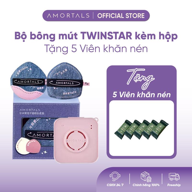 Bông Mút Trang Điểm Nền AMORTALS TWIN STARS Cao Cấp - Đàn Hồi Tốt, Thoáng Khí, Không Ăn Kem Nền, Mút Đánh Cushion Tiện Dụng, Dễ Dùng Không Kén Da Giúp Lớp Nền Mịn Chuẩn Makeup Artist Kèm Cọ Hoặc Hộp Đựng