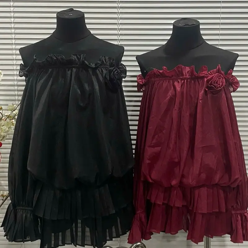 Váy voan tơ trễ vai tay phồng đính bông ( kèm quần bảo hộ ) đỏ/đen/kem - freesize < 55kg Women Nữ Dress 2