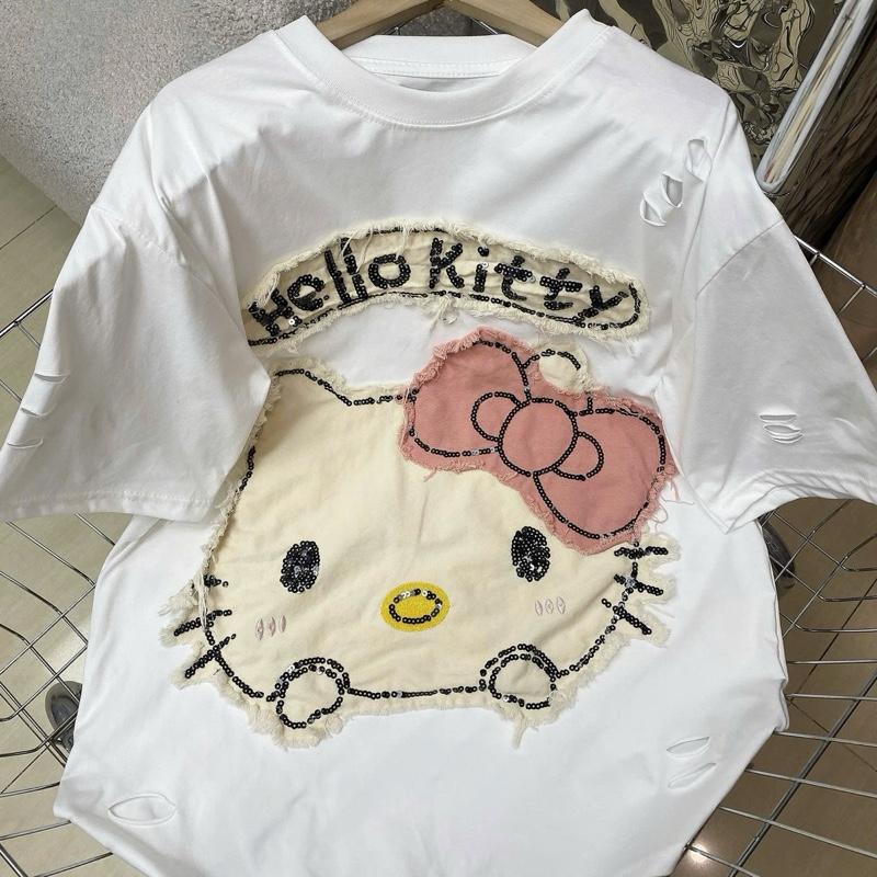 ÁO PHÔNG COTTON HAI CHIỀU LẠNH THÊU ĐÁP KIM SA HÌNH MẶT MÈO RÁCH TAY 3