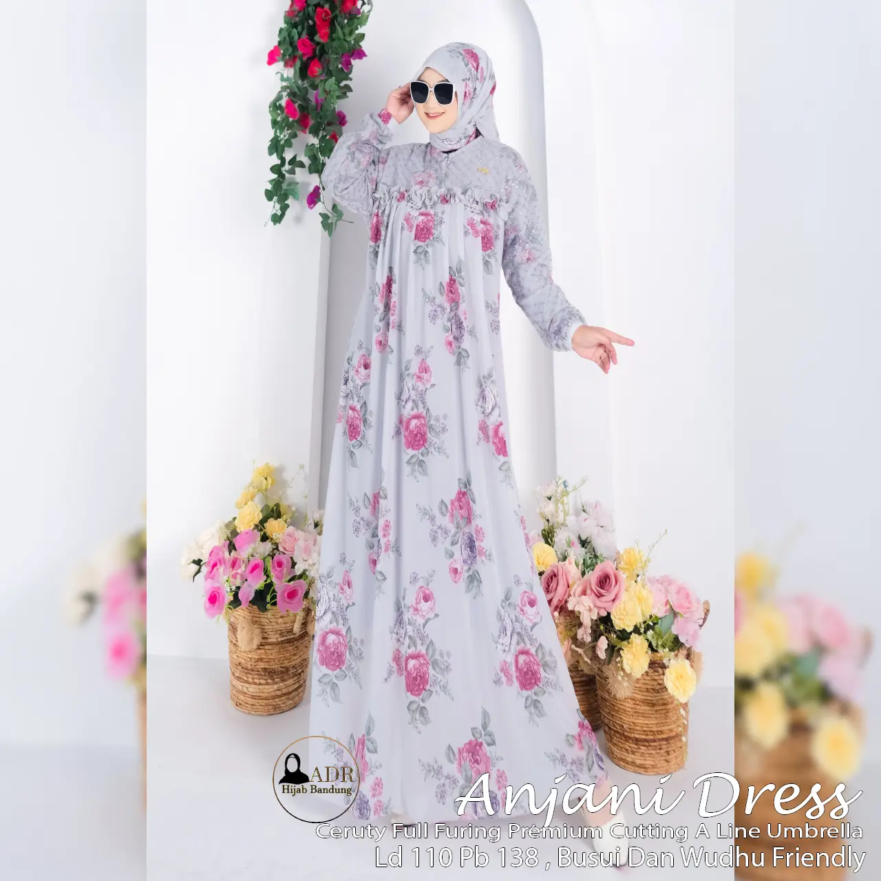 Gamis Anjani 1 Dress Ceruty Print Full Furing Busui dan Wudhu Friendly FREE Kerudung SegiEmpat Muslim