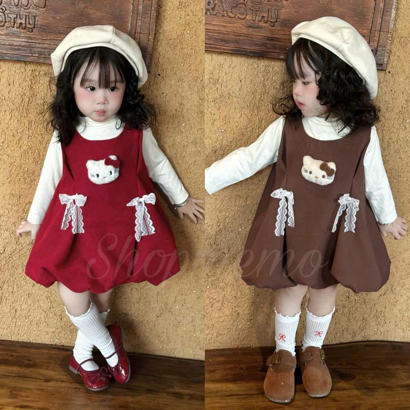 Shopmemo x Tặng Kèm Áo Giữ Nhiệt 8-20kg Váy Dáng Bí Chất Nỉ Nhung Dày Dặn Cho Bé Gái Mùa Thù Đông Đính Hello KITTY Nhận làm theo yêu cầu