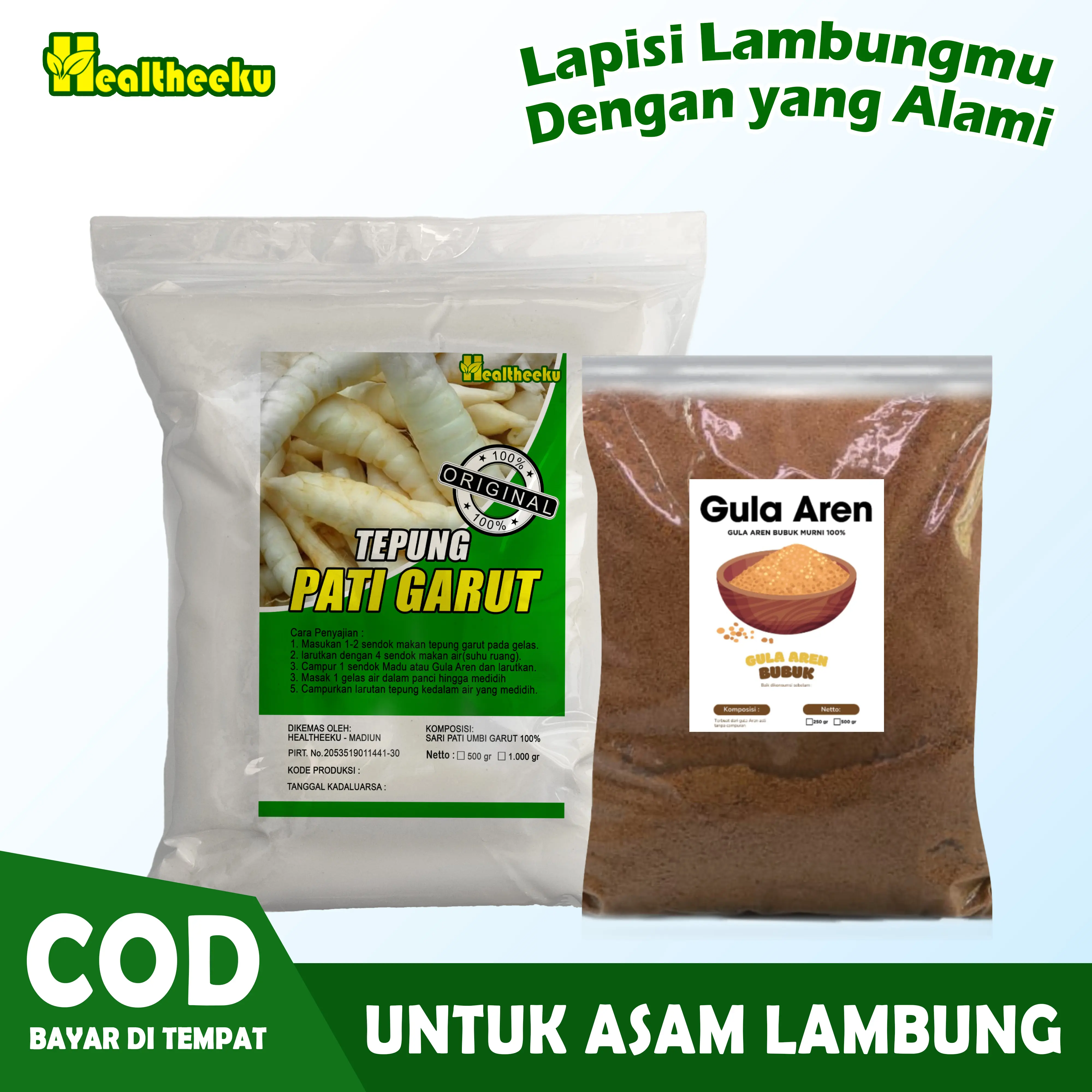 TEPUNG GARUT UNTUK ASAM LAMBUNG 500gram + GULA AREN BUBUK 250gram