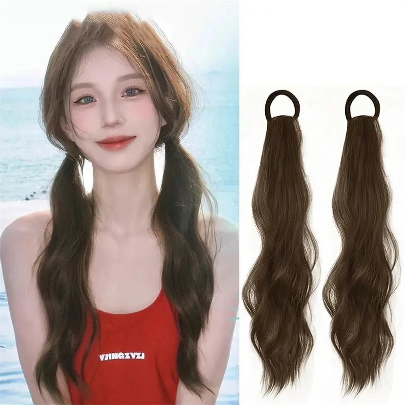 2PCS Synthetic Ponytail Long Wavy Hair Extension Sweet Woman Black Slightly Curly Fluffy And Binding Hair Wig Piece Double Horsetail