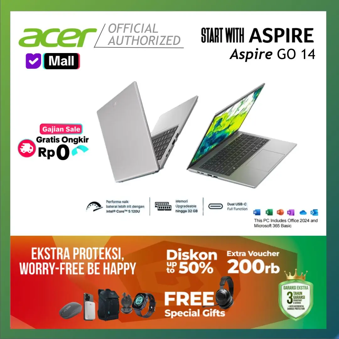[XTRA] Acer Aspire Go 14 AG14-72P-38G2 Core i3-1315U 16GB 512GB SSD 14" WUXGA IPS Win11 + Office 2024 – Silver + Backpack | Laptop Mahasiswa & Pelajar, Pekerja Kantoran / Admin,  Penggunaan Harian