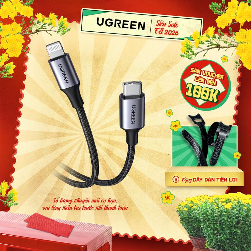 Cáp sạc nhanh iPhone USB-C sang Lightning chuẩn MFi UGREEN US304 Đầu hợp kim nhôm dây bọc dù Hỗ trợ sạc nhanh tối đa 3A | Bảo hành 18 tháng 1 đổi 1 | 60759 | Sạc Điện Thoại Phụ Kiện