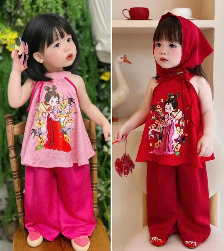 Set bộ yếm mặc TẾT cho bé gái Yếm in chị hình dễ thương vải gấm lụa cao cấp bé gái đi chơi TẾT đi lễ size từ 7-35kg BB07 BB08 _ Proman1