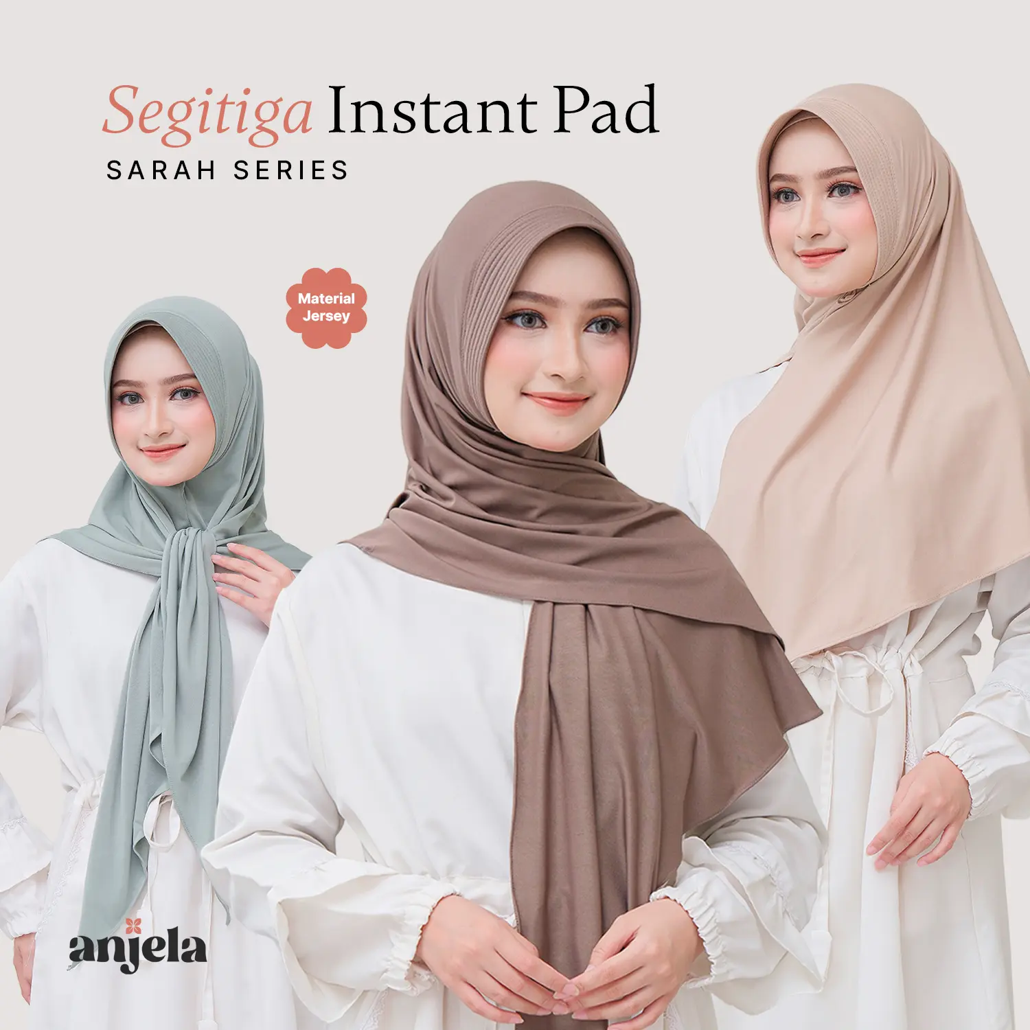 ANJELA - Hijab Segitiga / Segiempat Instant Pad Belakang Oval Material Jersey | Sarah Series | Jilbab Kerudung Instan Segi Tiga Ped / Segiempat Pet Anti Tembem dengan Pad Busa