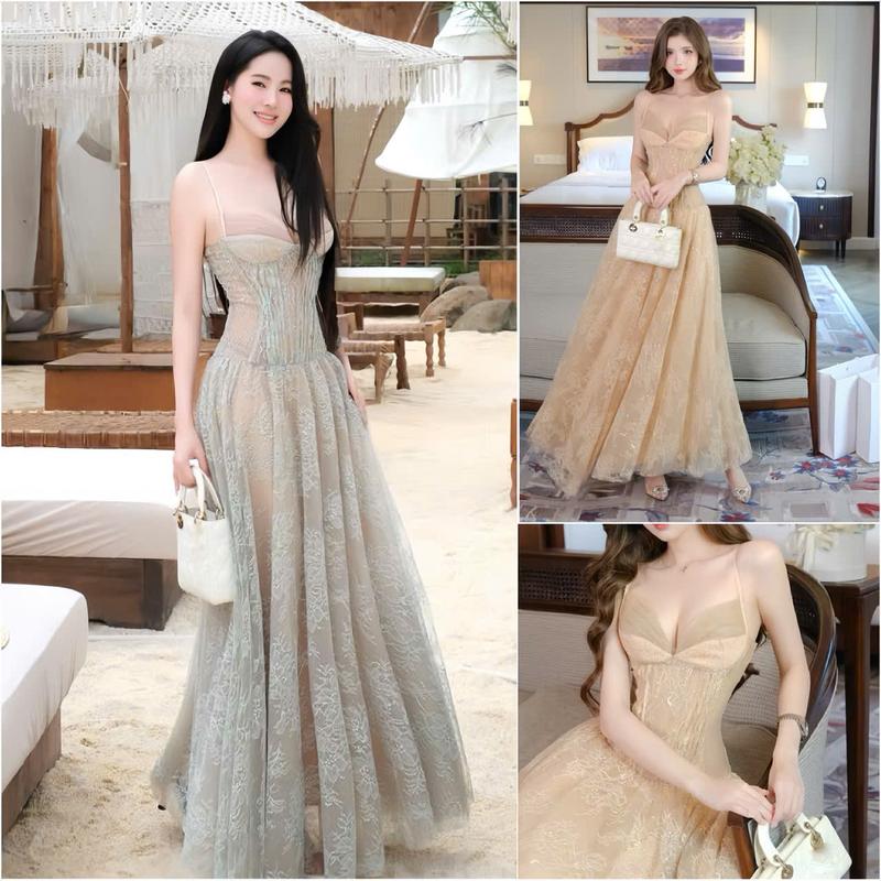 A109B Đầm Maxi ren hoa 2 dây cổ V phối gọng corset xòe phồng sang trọng quý phái - Akara closet