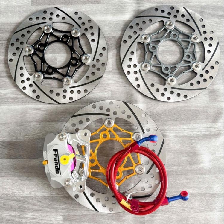    Combo tặng 2 ốc salya   Heo Frando 2pis Bạc + Đĩa trước Swit 220mm gắn mâm 4 lỗ + dây dầu Morin Đỏ + Pát Cnc 