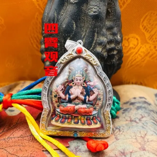 Xizang culture pendant (four arm Guanyin) hand-painted mineral color material exquisite painting pendant
