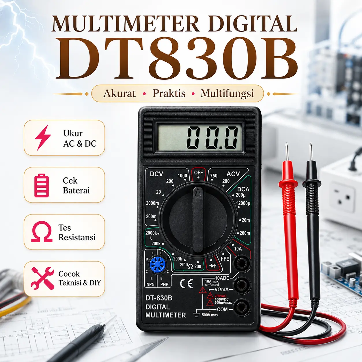 Multimeter Digital DT830B Akurat Multifungsi untuk Cek Listrik AC DC & Elektronik
