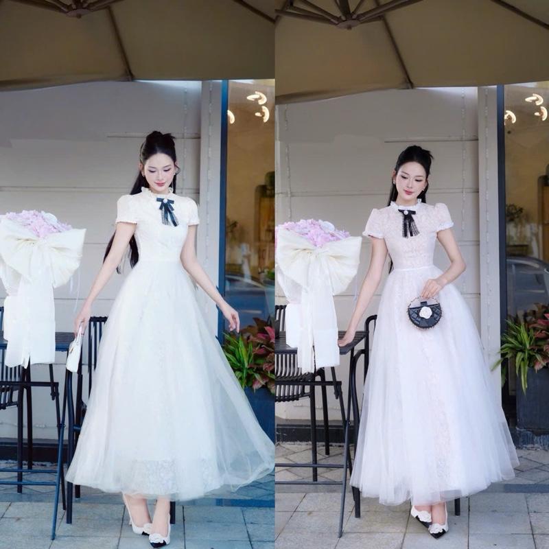    MiAn Dress  Váy ren phối lưới chân xoè cao cấp tặng kèm nơ cài   A666  chất liệu ren mềm lưới 