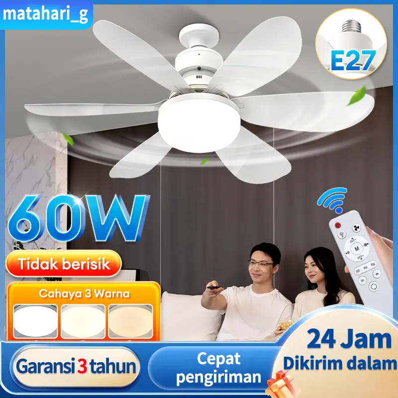 Garansi 5 tahun Lampu Kipas Angin Plafon LED 2in1 E27 Multifungsi dengan Remote Control – Putih, Untuk Kamar Tidur & Ruang Tamu
