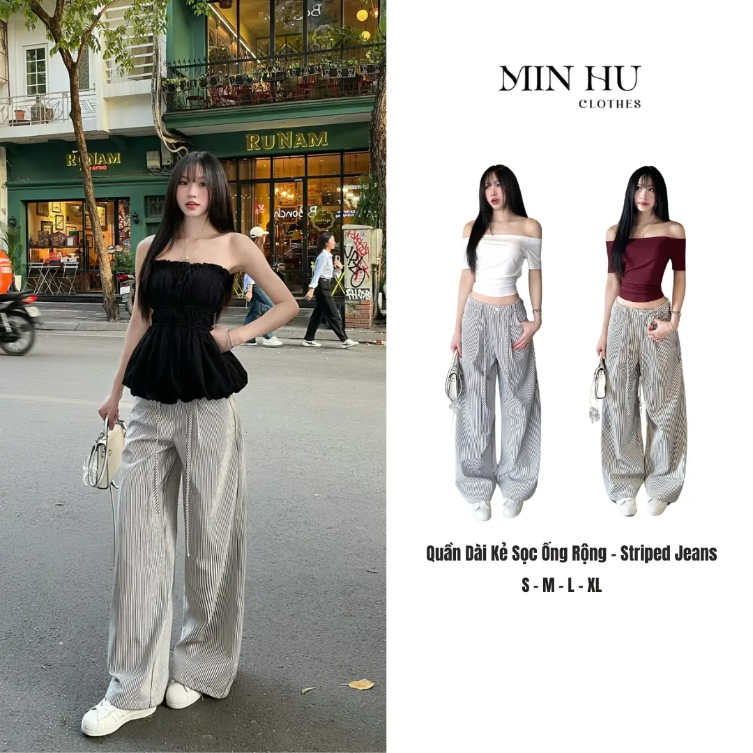Quần kẻ sọc ống rộng Striped Kaki form suông MINHU CLOTHES, quần dài kẻ sọc phối dây Premium