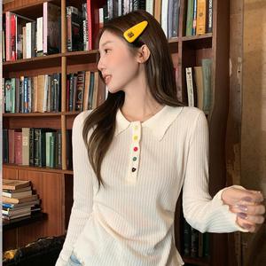 Women's Polo Neck Long Sleeve Textured Fall Top, New Slim Fit Pleated Wooden Trim Button T-Shirt, Casual Inner Layer Shirt 3357#