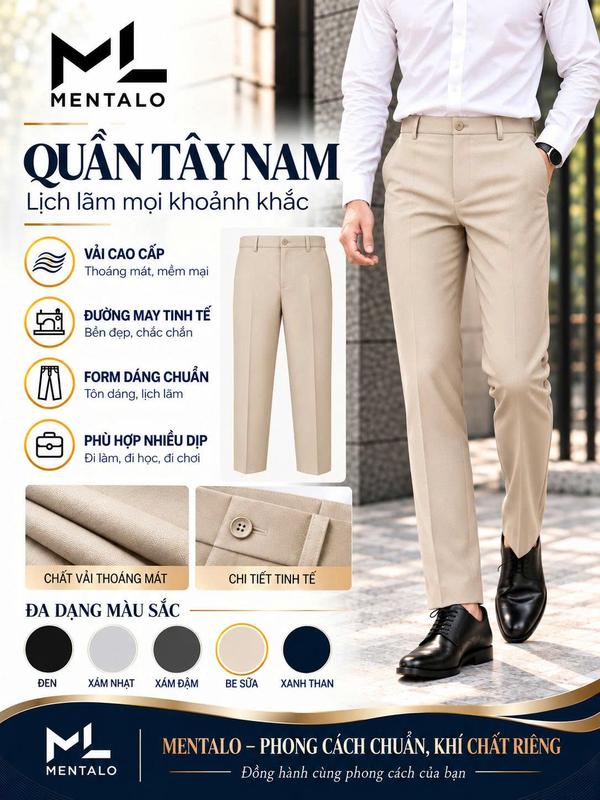 Quần Âu Nam Mentalo - Vitex Slim Fit Co Giãn Nhẹ, Quần Tây Nam Công Sở Thanh Lịch, 5 Màu, Size 28-36