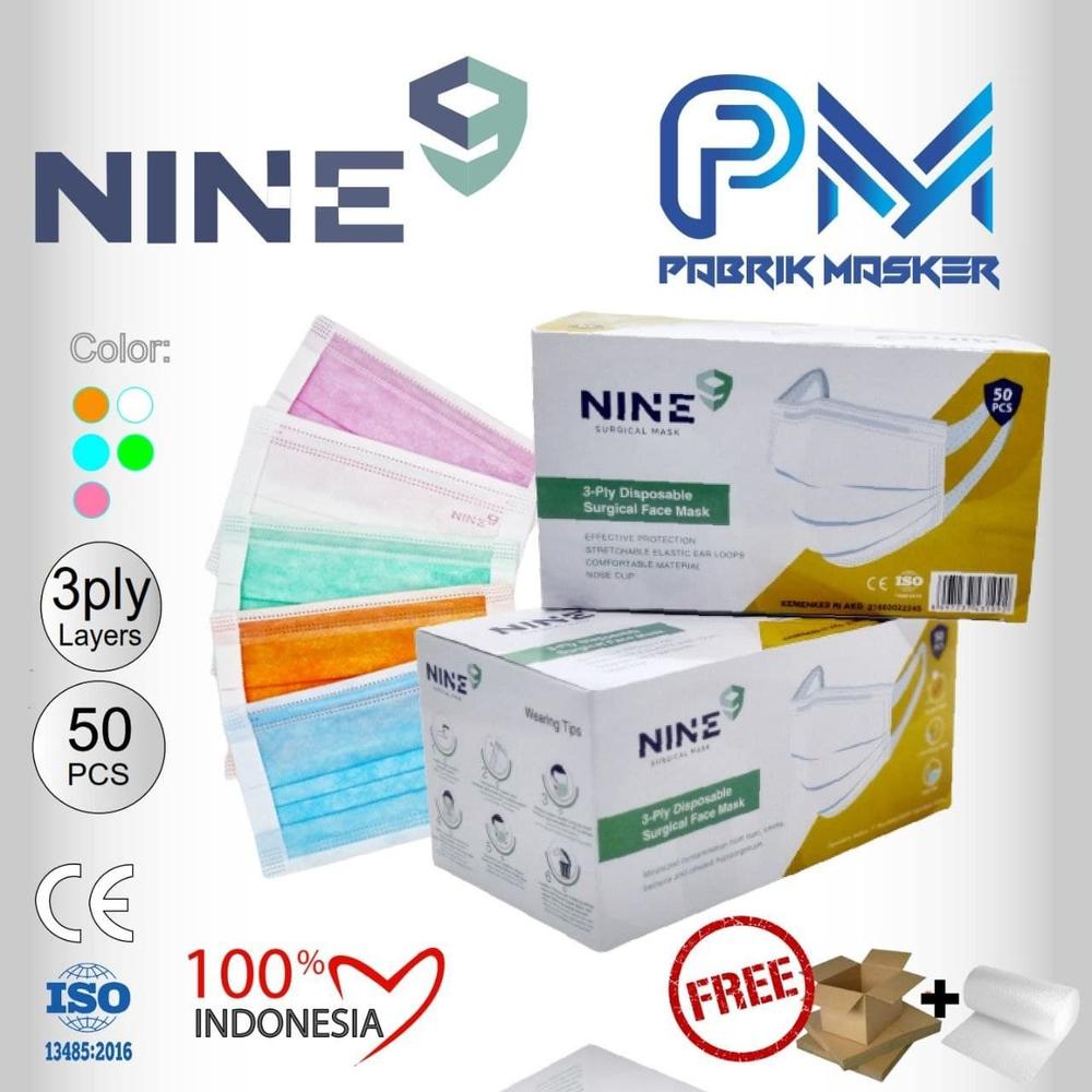 MASKER NINE 3ply Medis Tali Lebar isi 50pcs - NINE Putih