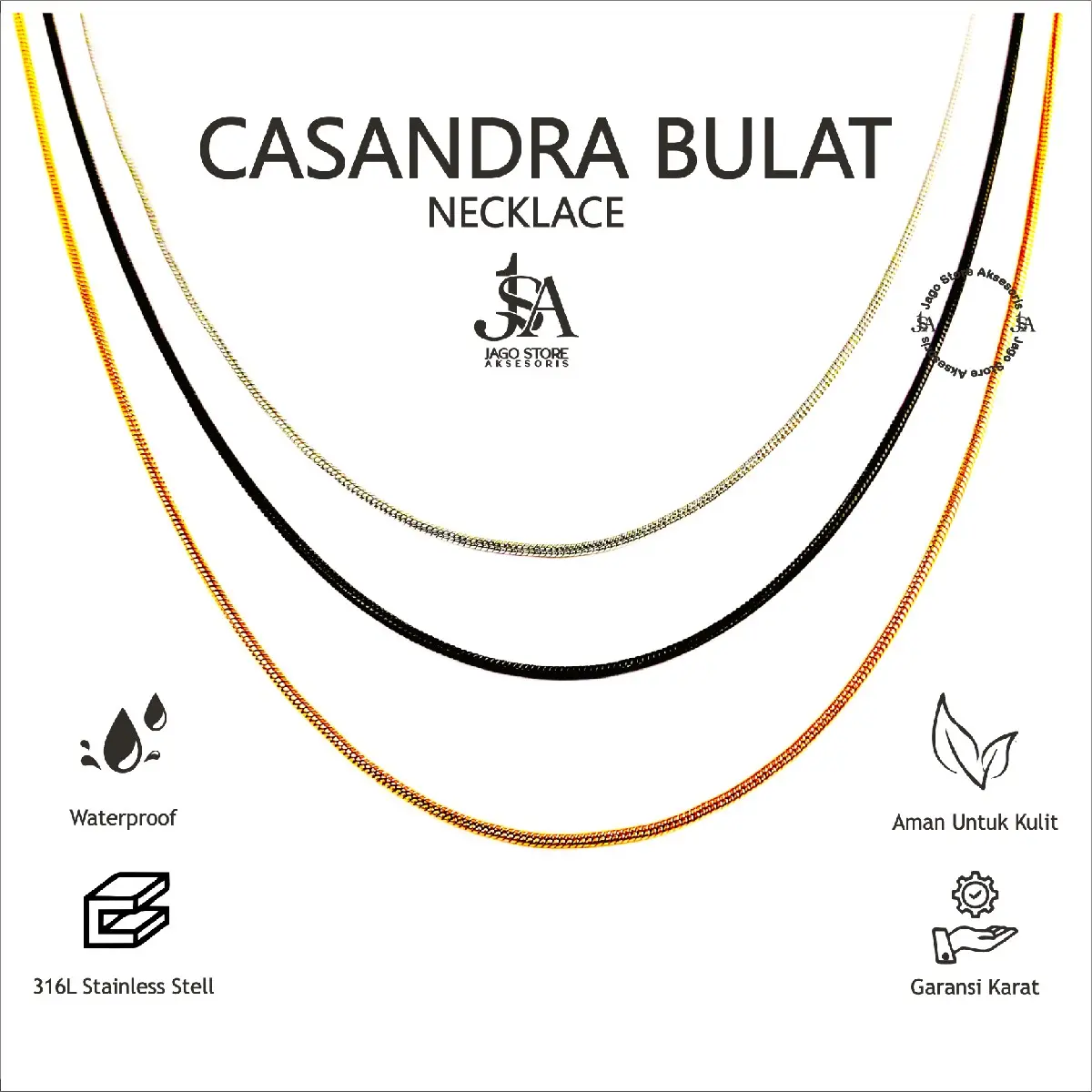 Kalung Titanium Casandra Bulat Anti Karat Aksesoris Perempuan Laki-laki Dewasa Rantai
