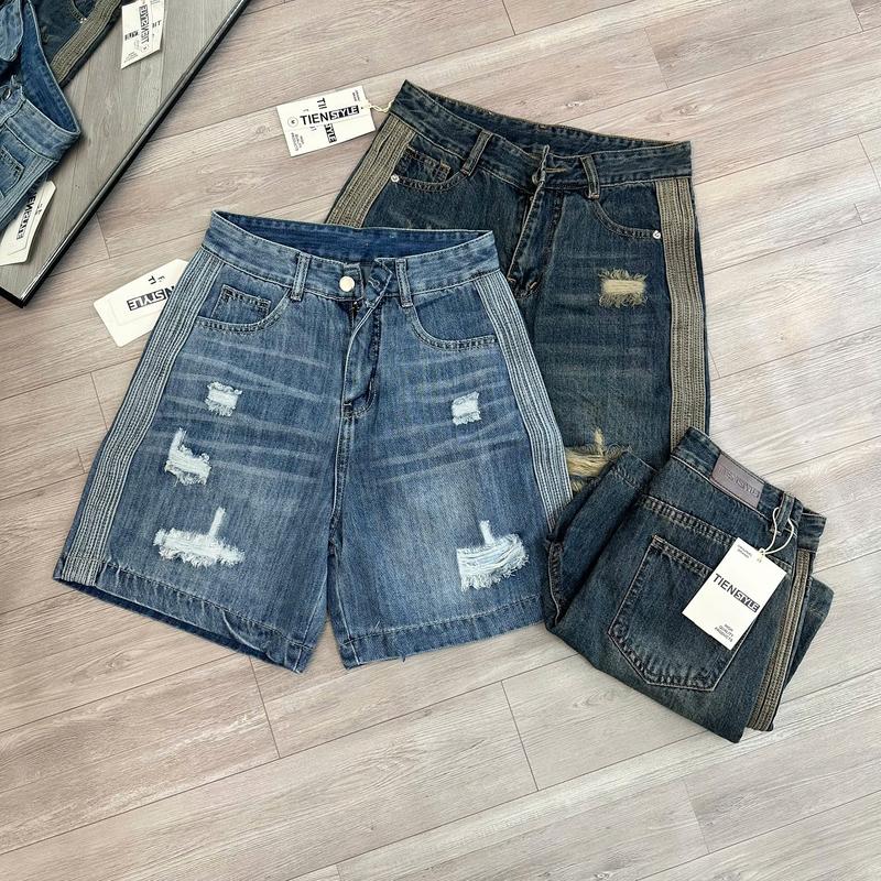  TIENSTYLE - Quần Jean Ngố Nữ Thêu Viền Sọc Rách Thể Thao Màu Xanh Bụi Đậm Nhạt Quần Jean Ống Rộng Quần Suông Bigsize Chất Liệu Vải Denim Dày Dặn Mềm Mịn 