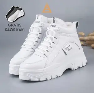 AS MISSNINETY Sepatu Sneakers Kasual Tinggi Wanita Sepatu Boot Wanita Trendy Shoes Casual Karet Putih
