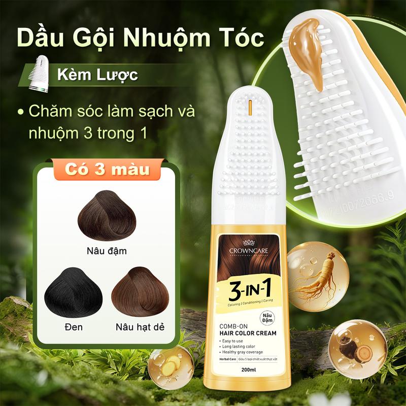  CrownCare Dầu gội nhuộm tóc 200ml che phủ tóc bạc nhuộm đen tóc giúp nuôi dưỡng tóc với chiết xuất tự nhiên đi kèm chai bơm đôi và lược 