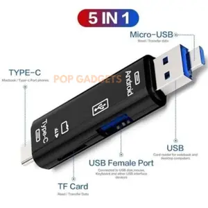 Card Reader OTG 5IN1 Dengan Soket Type C Micro USB Micro SD TF Card & Port USB Female untuk Perangkat Android dan Laptop