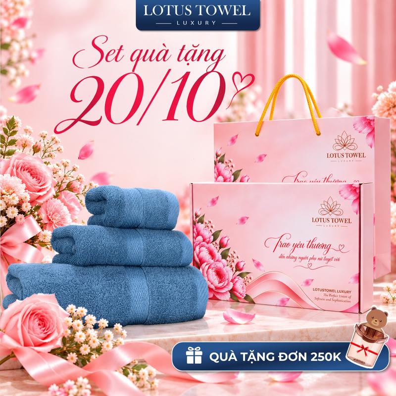 Bộ Quà Tặng LotusTowel Gồm 3 Khăn ( Khăn Tắm + Khăn Gội + Khăn Mặt ) Chất Liệu Cotton Cao Cấp Mềm Mịn Sang Trọng