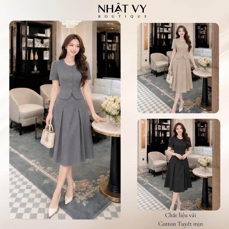 Set váy nữ thiết kế Nhật Vy áo cổ tròn kèm chân  dài chất lụa bigsize dự tiệc công sở văn phòng màu đen nâu xám kem xanh - D3248