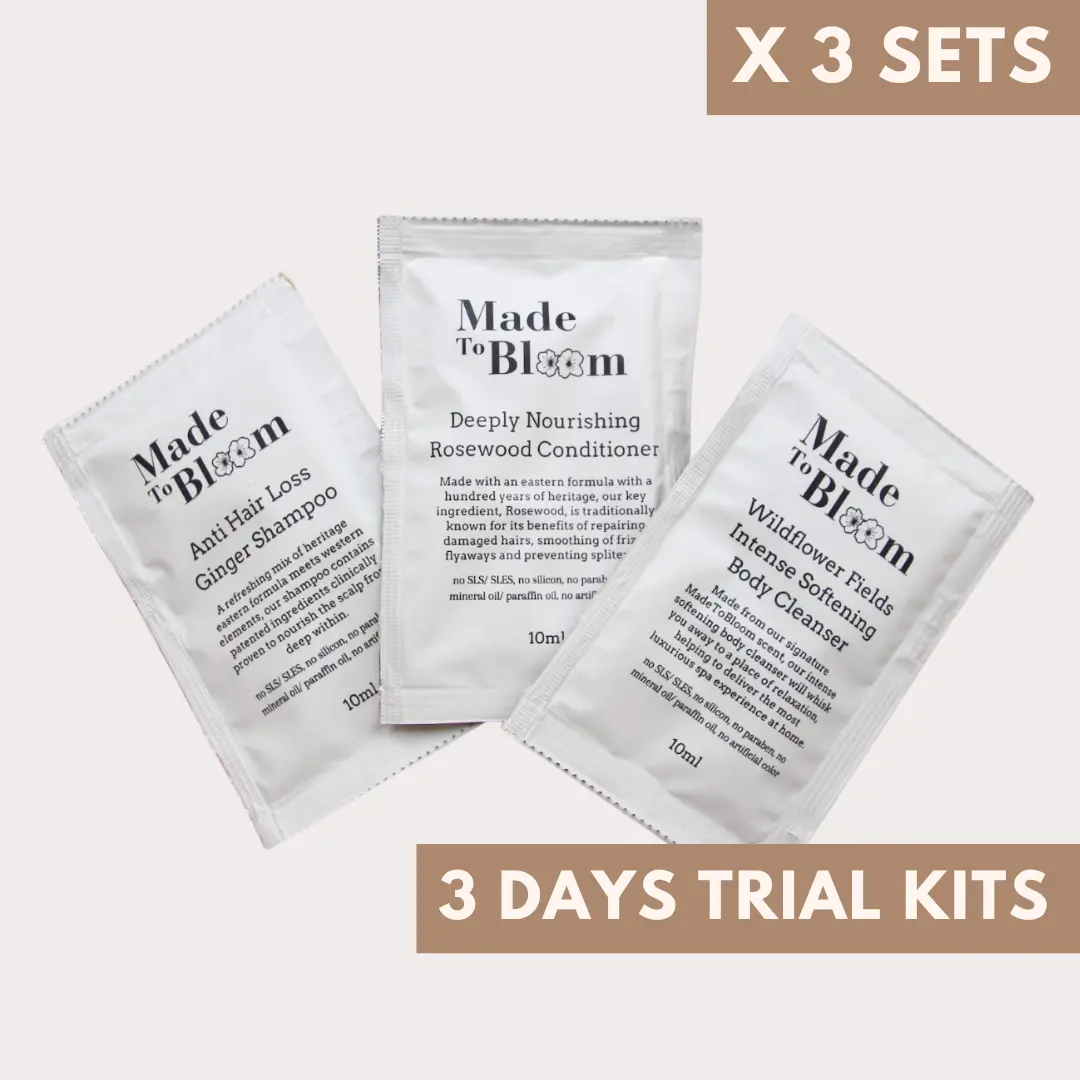 [MadeToBloom] 3 DAYS Trio Trial Kits consists of Shampoo x3 , Conditioner x3 and Body Cleanser x3