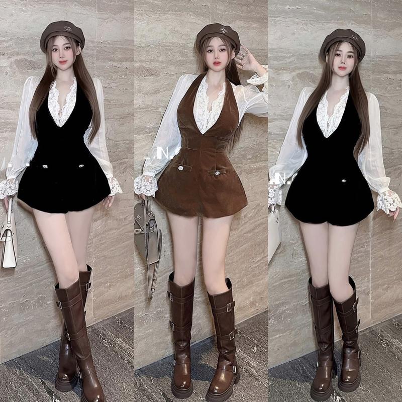  Set Yếm Nhung Phối Áo Sơ Mi Tơ Viền Ren đính cúc đá Tiểu Thư Bánh Bèo - Thời Trang Nữ 