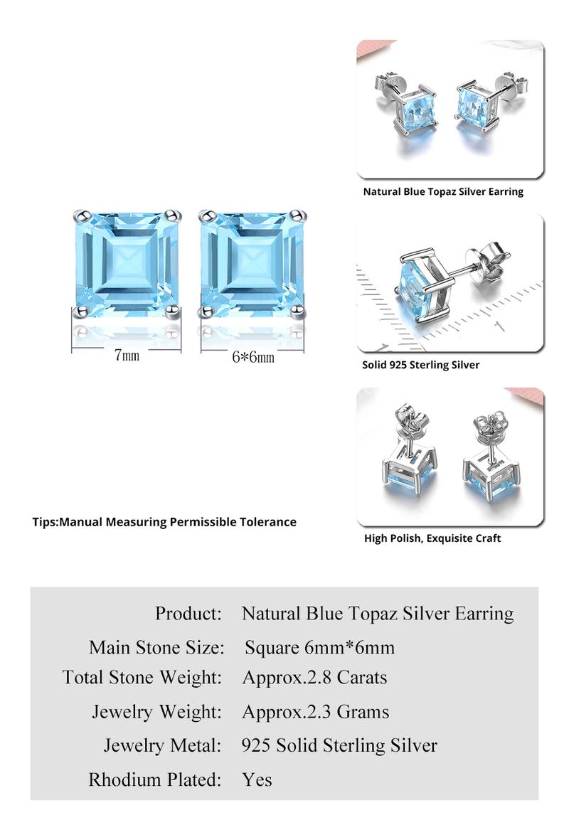 Product Introduction of Natural Sky Blue Topaz Sterling Silver Stud Earring 2.8 Carats Genuine Topaz Daily Fine Jewelry Style S925 Gifts for Women 1