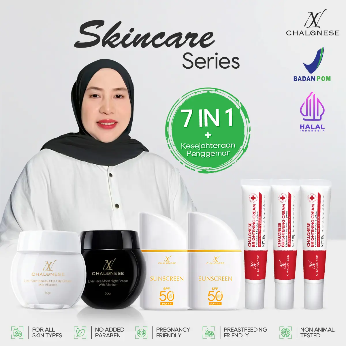 CHALONESE PAKET BRIGHT GLOWING 7in1 ( 1 SET MOISTURIZER + 3 PCS CREAM BRIGTHENING + 2 PCS SUNCREEN )
