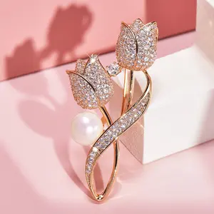 AKS2177 Bros Wanita Bunga Tulip Zircon Berkilau Aksesoris Hijab Elegan Untuk Tampilan Anggun Clips