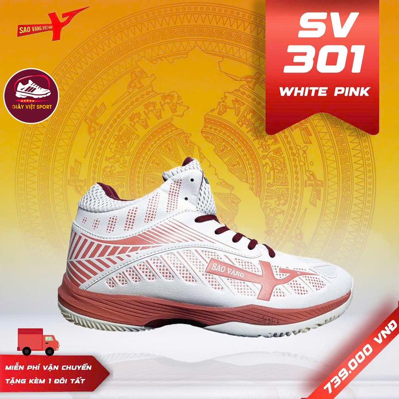    QUÀ TẶNG VIP   Giày thể thao bóng chuyền Sao Vàng phiên bản 301 màu Trắng Hồng tặng kèm 1 đôi tất đệt kim + túi rút thể thao 