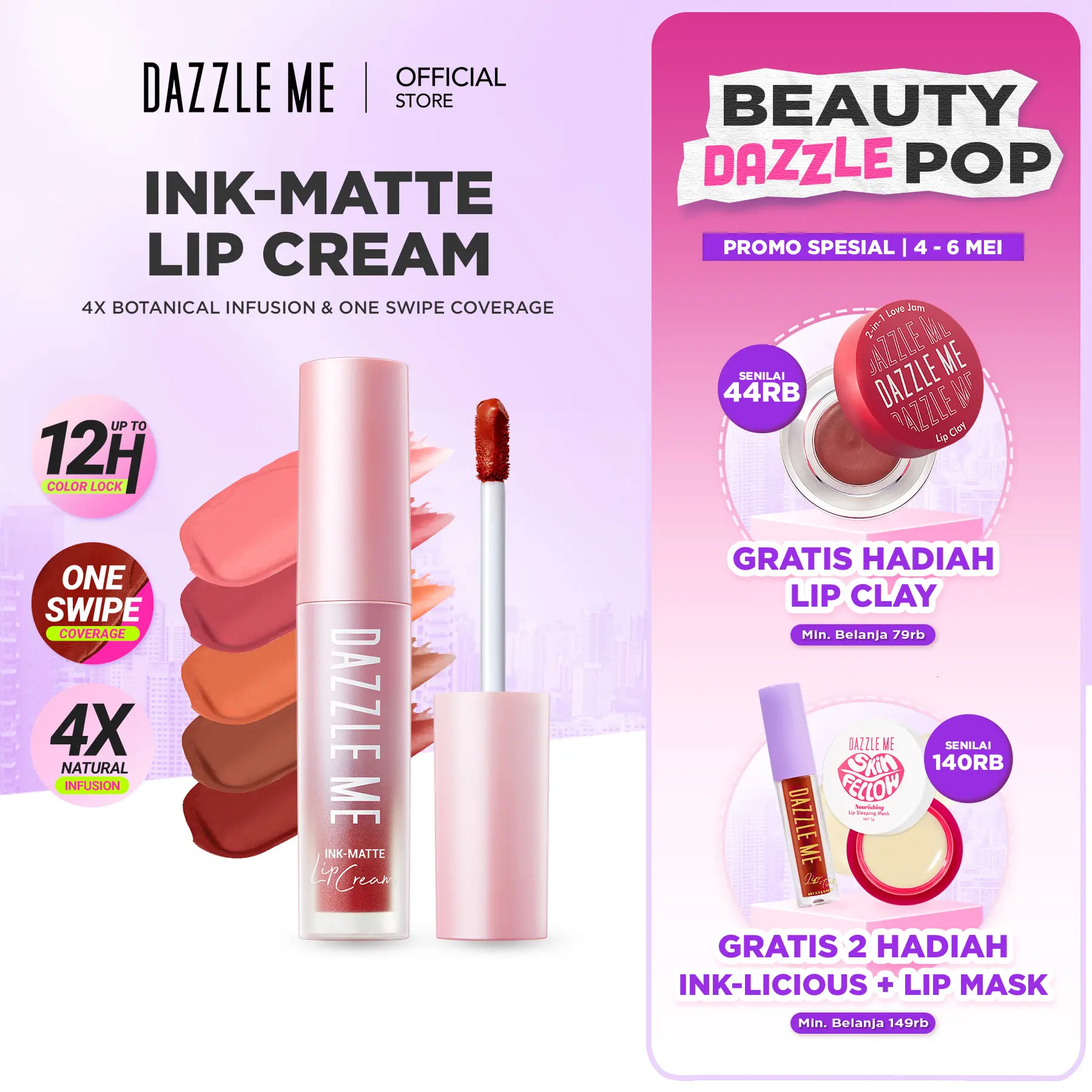 [BEST SELLING] DAZZLE ME Ink-Matte Lip Cream Matte Moisturizing Tahan Lama Coverage Lip Cream dengan hasil akhir Matte Finish & Tahan 12 Jam