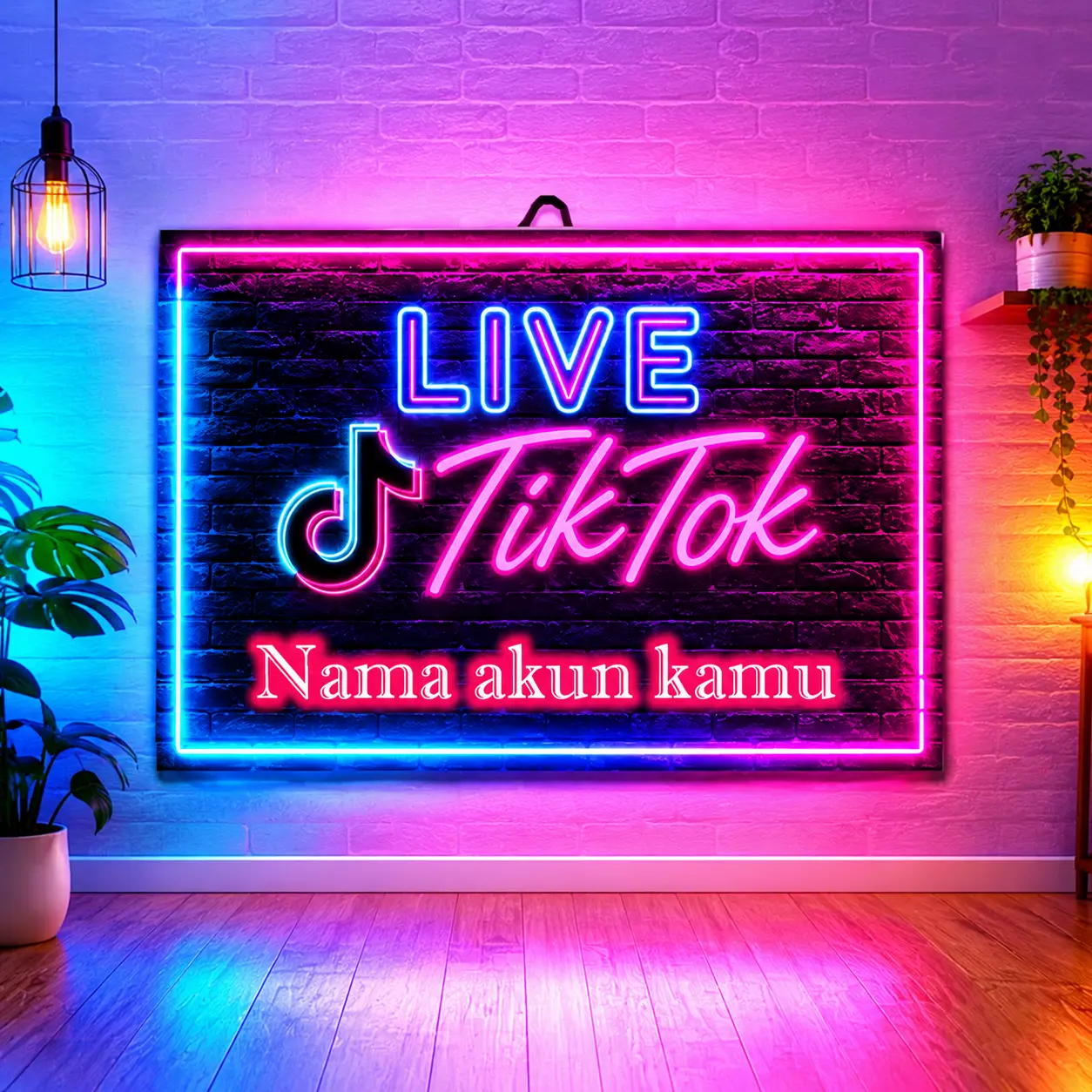 Papan Nama Akun Tiktok Hiasan  Neon Live TikTok dengan Nama Akun Kamu  Dekorasi Poster Kayu Pajangan dinding