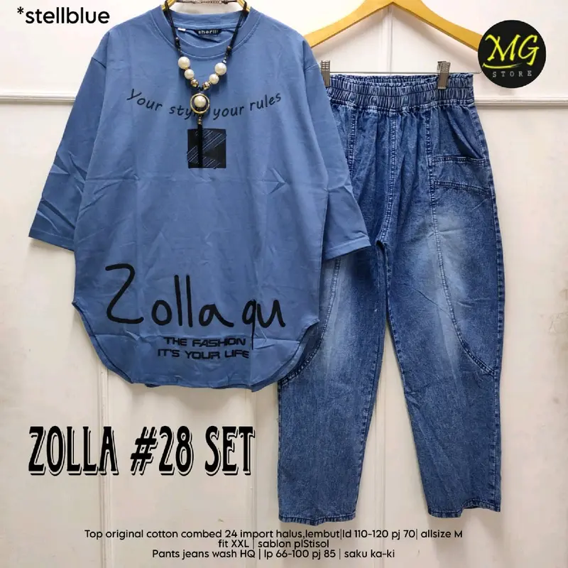 ZOLLA SET #28 Setelan Wanita Dewasa JUMBO atasan Combed 24s TEBAL Celana Jeans Wash HQ • Desain kasual Kekinian • Bisa COD 0