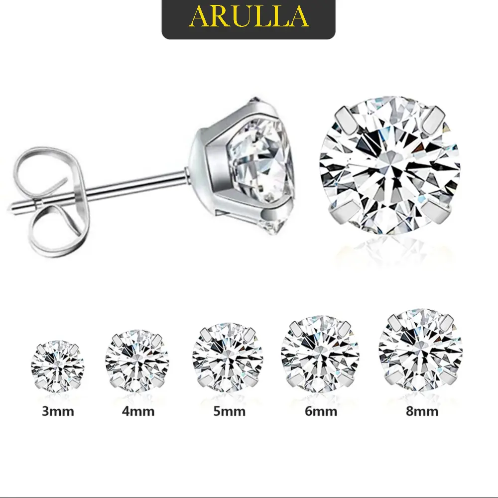 Bông Tai Đinh tán Zircon Pha Lê Sáng Bóng, ARULLA, Dành Cho Phụ Nữ Và Nam Giới, Thời Trang Đơn Giản, Chất Liệu Thép Không Gỉ, Bông Tai Kim Cương Giả CZ, Thích Hợp Cho Bữa Tiệc, Đồ Trang Sức, 3-8mm, [Thanh Toán Khi Nhận Hàng]