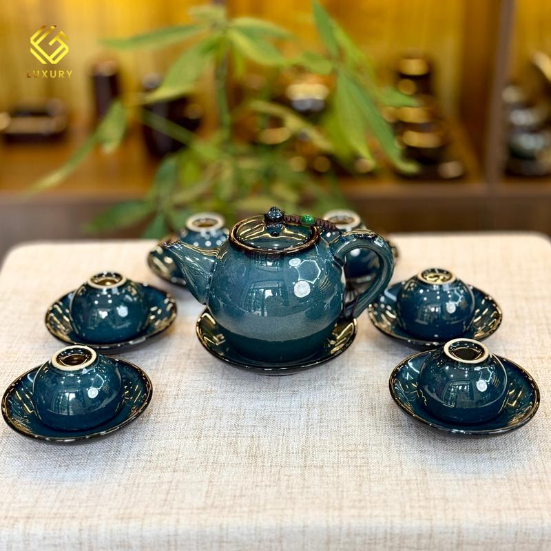 Bộ Ấm Chén Bầu Xanh Nghệ Nhân Nguyễn Thị Hoa Gốm sứ Bát Tràng - Gốm sứ Luxury